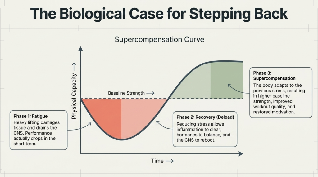 Supercompensation curve showing fatigue recovery and strength growth after deload