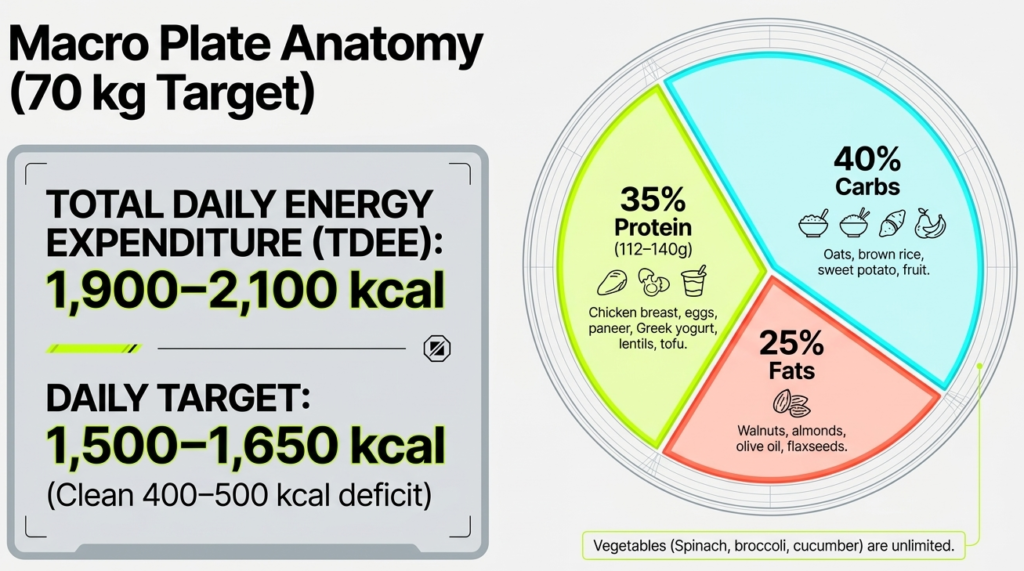macro split diet chart showing 40 carbs 35 protein 25 fats for fat loss in women