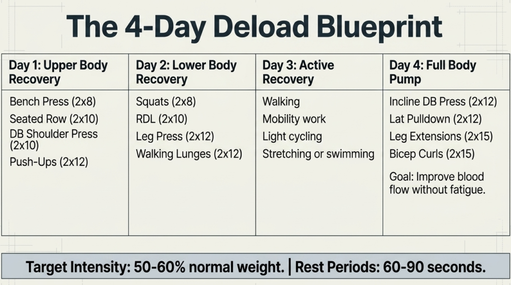 4-day bodybuilding deload workout plan for recovery and muscle maintenance