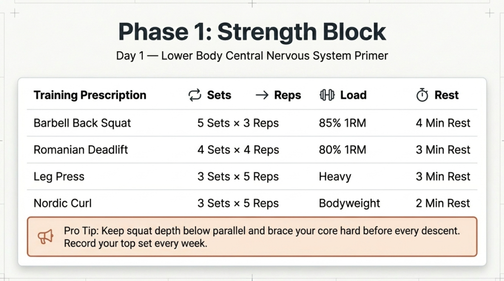 heavy squat and lower body strength training workout plan