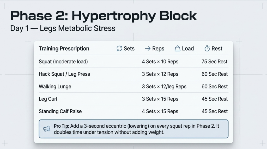 leg hypertrophy workout using moderate reps and short rest