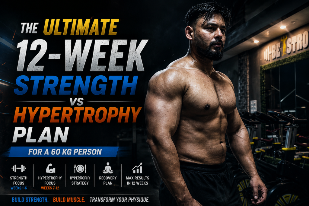 Cinematic 12-week strength vs hypertrophy workout plan banner for a 60 kg person featuring a muscular man in a gym.