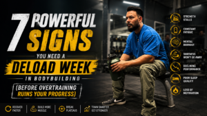 Natural bodybuilder sitting in a gym during a deload week, highlighting signs of overtraining, fatigue, strength loss, and recovery strategies for muscle growth.