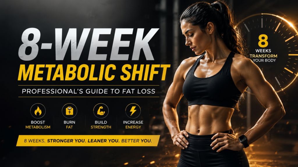 Fit professional woman in a gym representing an 8-week metabolic shift fat loss program focused on boosting metabolism, burning fat, increasing strength, and improving energy levels.
