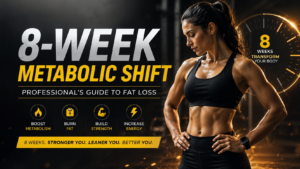 Fit professional woman in a gym representing an 8-week metabolic shift fat loss program focused on boosting metabolism, burning fat, increasing strength, and improving energy levels.