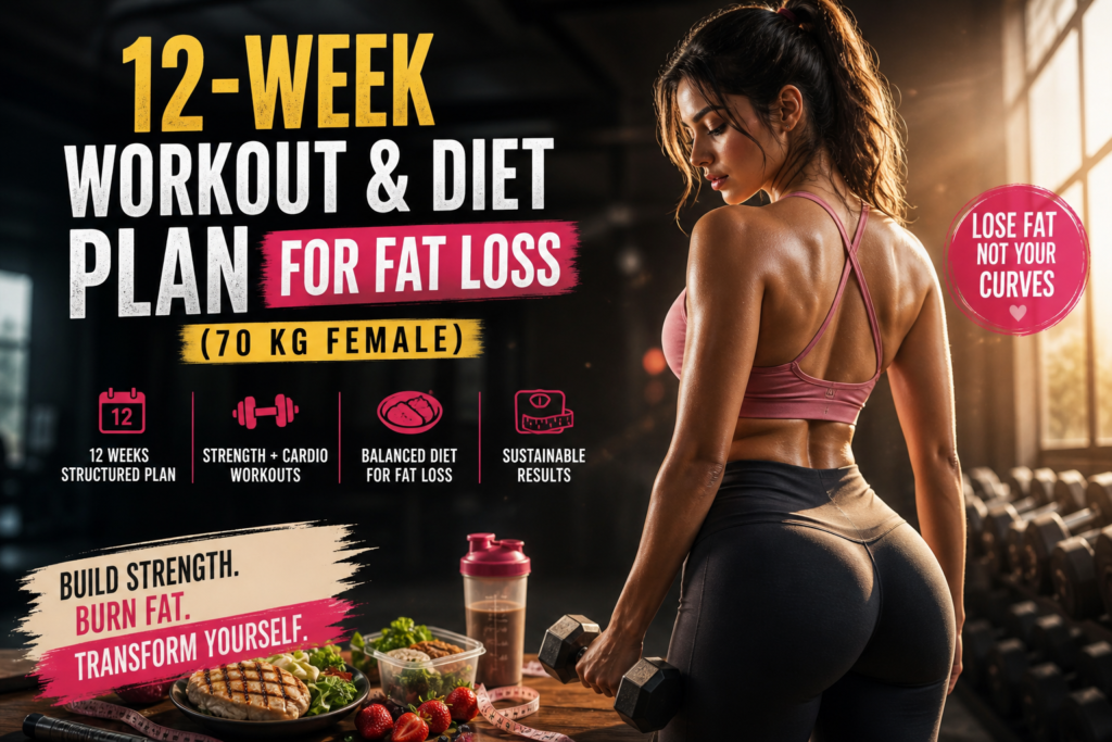 12 week fat loss workout and diet plan for 70 kg female showing toned athletic body with gym workout and healthy meal prep