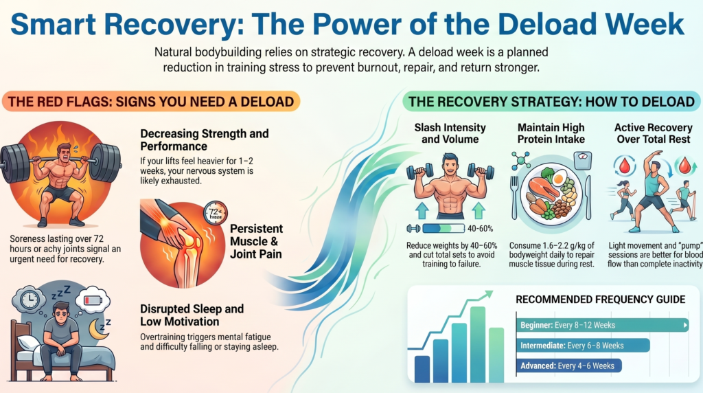 Natural bodybuilder deload week recovery infographic showing signs of overtraining and recovery strategies