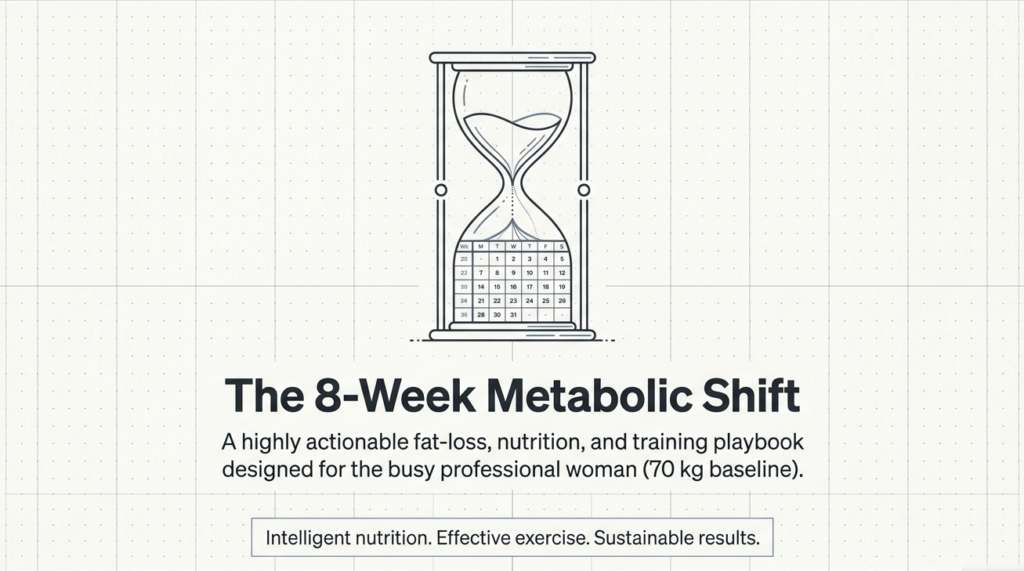 Cover image of an 8-week fat loss plan designed for a busy 70 kg woman featuring nutrition, training, and sustainable weight loss strategies.