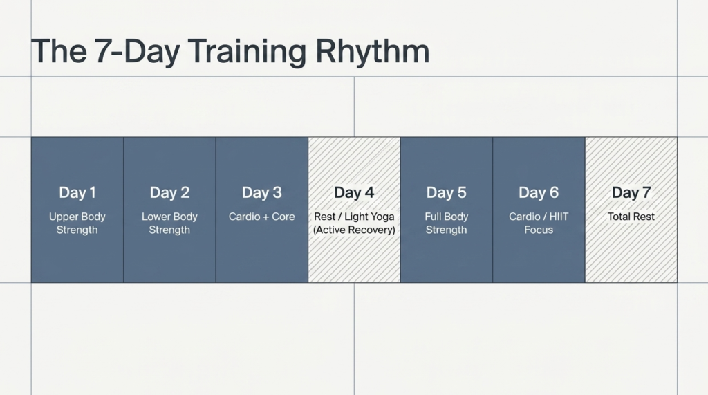 Weekly workout schedule showing strength training, cardio, active recovery, and rest days.