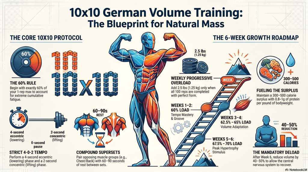 Complete German Volume Training infographic covering workouts, progression, and nutrition,10x10 German Volume Training, german volume training, 10 sets of 10 reps