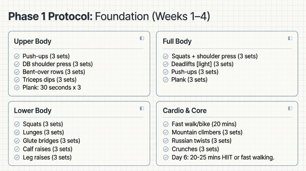 Weeks 1–4 fat loss workout schedule including upper body, lower body, cardio, and full-body training.