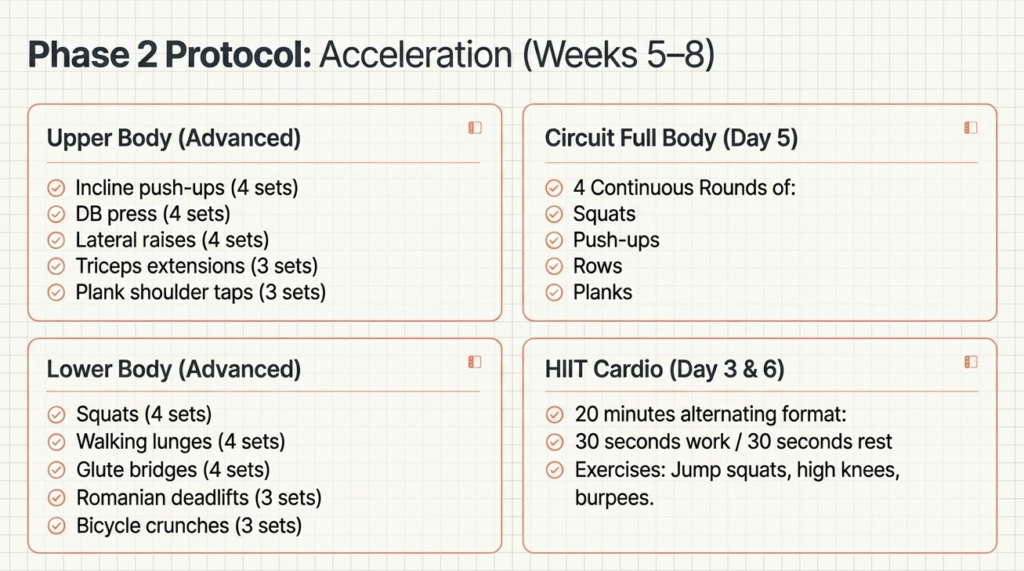 Advanced fat loss workout plan for weeks 5–8 featuring HIIT and progressive overload.