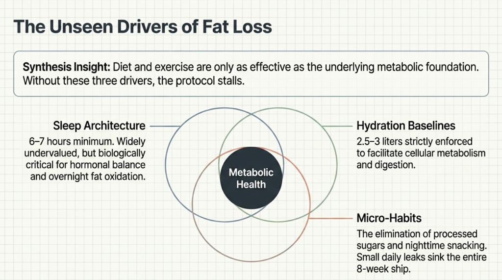 Diagram showing the relationship between sleep, hydration, recovery, and fat loss results.