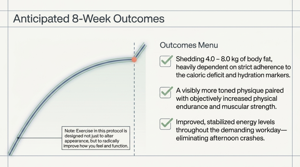 Projected fat loss results showing body composition improvements, weight loss, and increased energy levels.