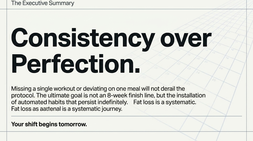 Motivational infographic emphasizing long-term consistency as the key to sustainable fat loss success.