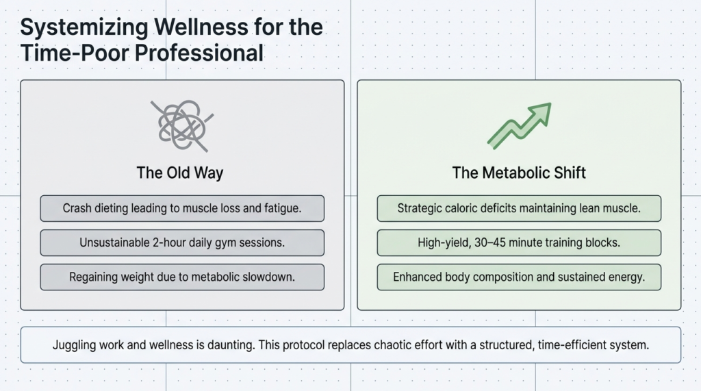Comparison infographic showing crash dieting and excessive exercise versus a sustainable fat loss approach for busy women.