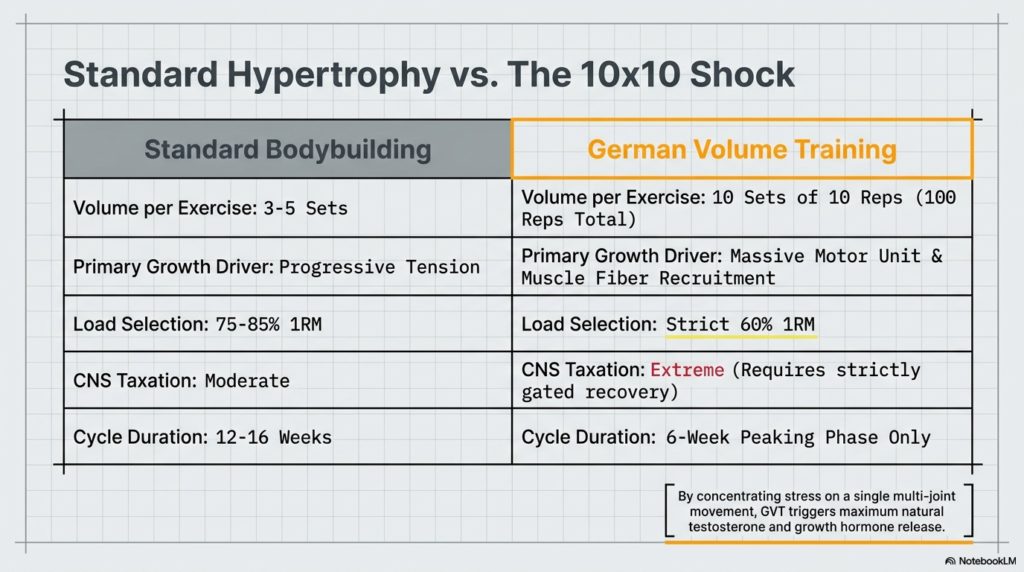 Comparison between traditional bodybuilding volume and German Volume Training methods