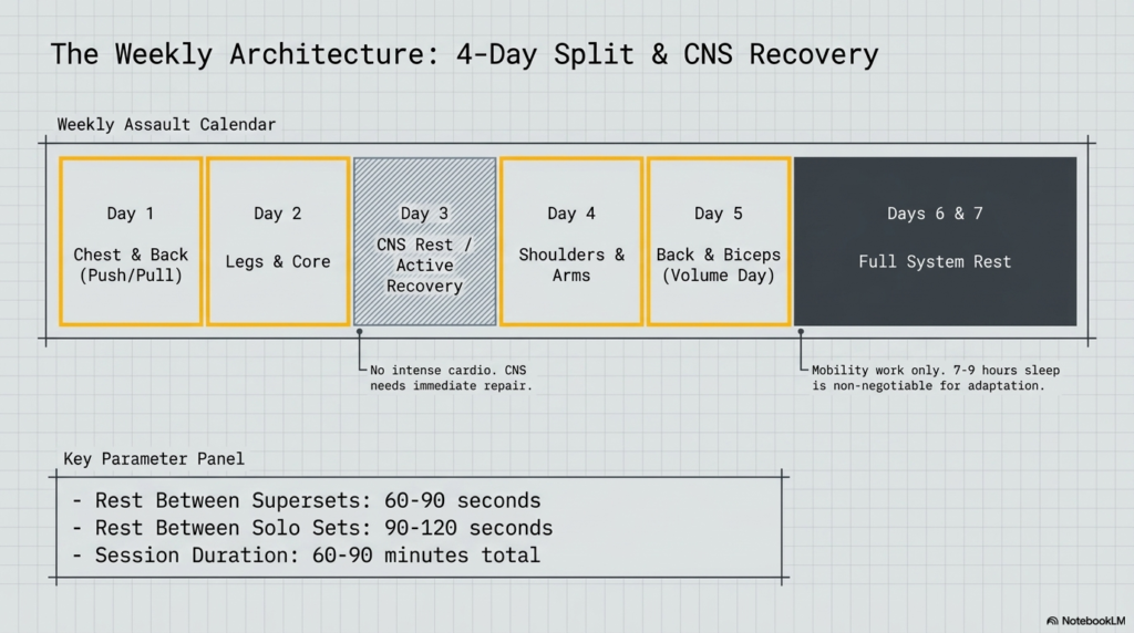 Weekly workout structure and recovery schedule for the 10×10 German Volume Training program