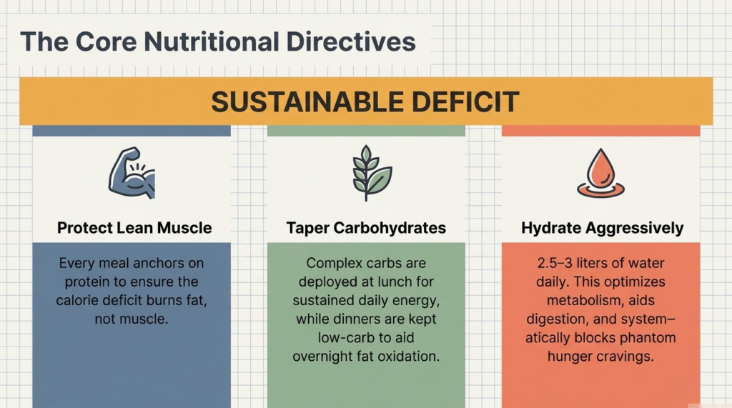 Infographic showing protein intake, carbohydrate management, and hydration guidelines for fat loss.