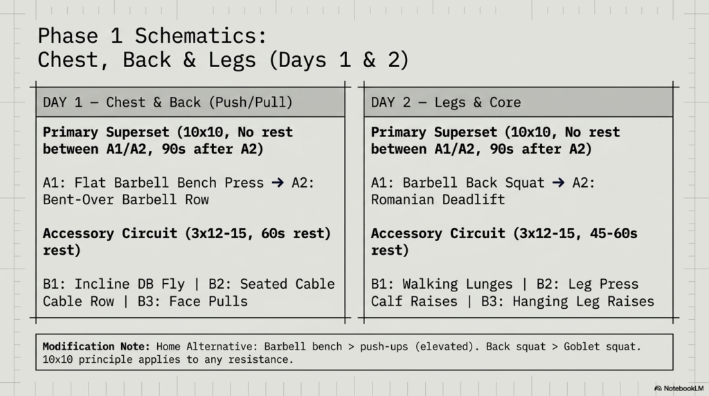 Day 1 and Day 2 German Volume Training workout plan for chest, back, legs, and core