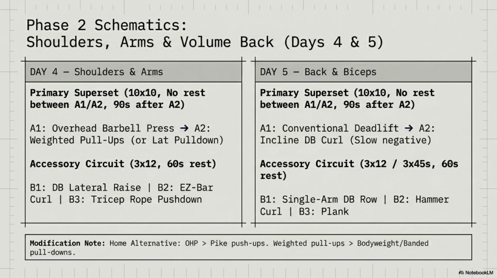 Day 4 and Day 5 German Volume Training workout schedule for shoulders, arms, and back