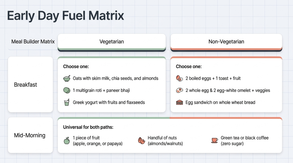 Vegetarian and non-vegetarian breakfast options designed for fat loss and muscle preservation.