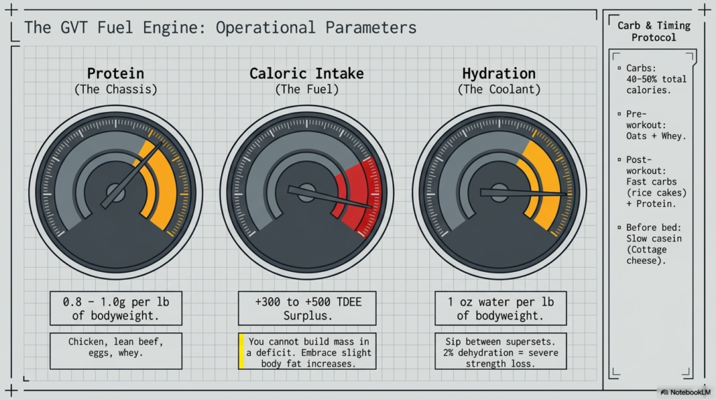 Protein, calorie, hydration, and nutrient timing recommendations for GVT