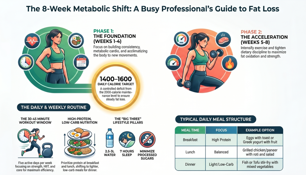 Infographic showing an 8-week fat loss plan for a 70 kg busy woman, including workout phases, calorie targets, meal structure, hydration, sleep, and fat loss strategies. 8-week metabolic shift, 8-week fat loss program, metabolism boosting workout plan, 8 week metabolic shift plan for professionals, how to boost metabolism and lose fat