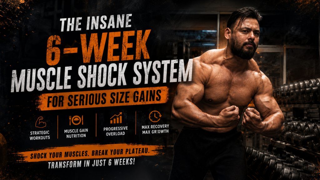 Muscular bodybuilder demonstrating the 6-week muscle shock system for serious size gains with progressive overload and hypertrophy training