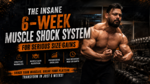 Muscular bodybuilder demonstrating the 6-week muscle shock system for serious size gains with progressive overload and hypertrophy training