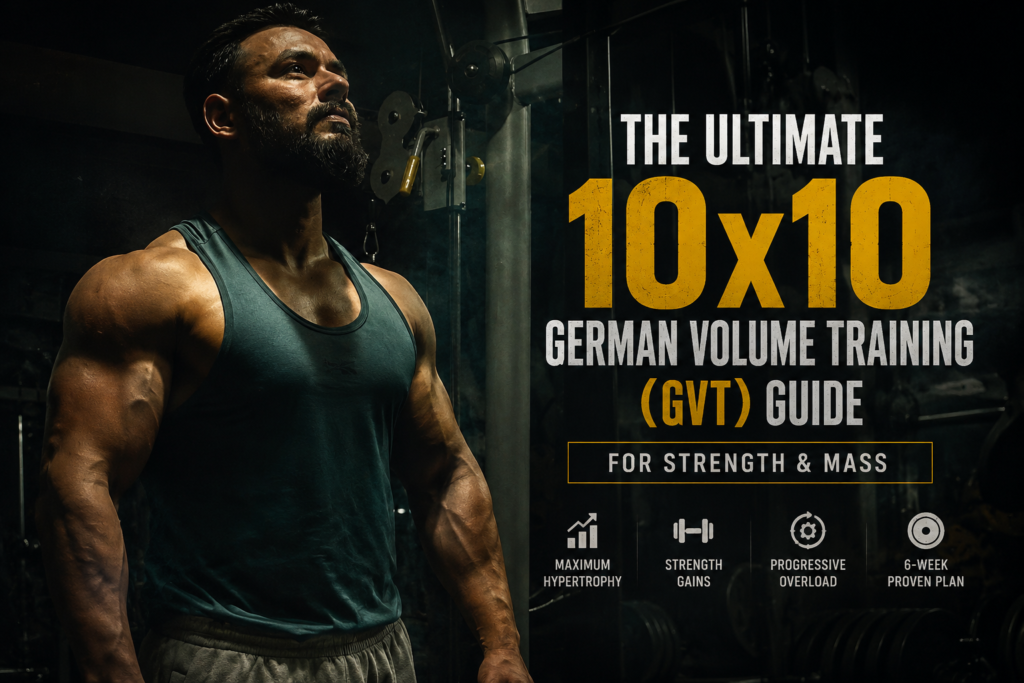 Bodybuilder demonstrating the 10x10 German Volume Training (GVT) method in a cinematic gym, highlighting strength, muscle growth, and hypertrophy training.