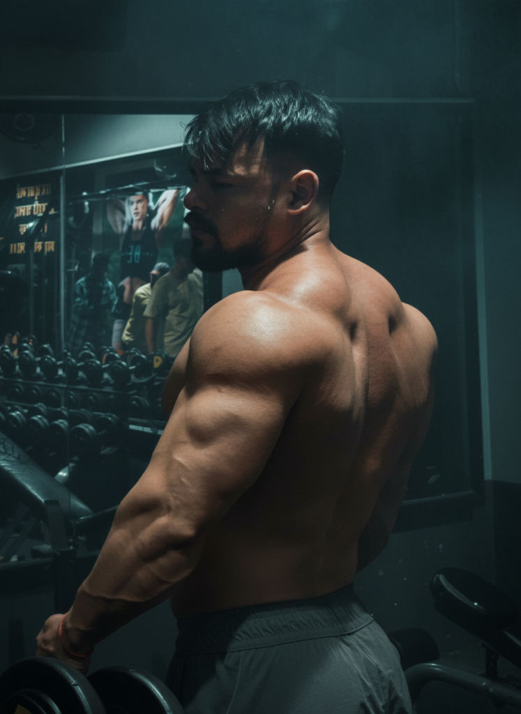 a man showing his traps, triceps, forearm and back in the gym.