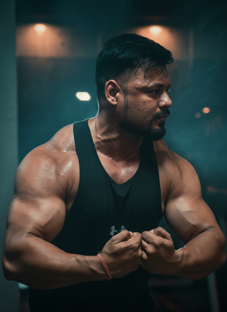 Natural bodybuilder performing a most muscular pose in the gym, showcasing upper body size, arm development, shoulder definition, and natural muscle growth.