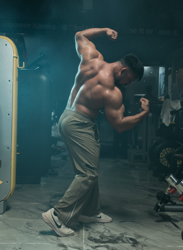 a man doing arnold's pose in the gym.