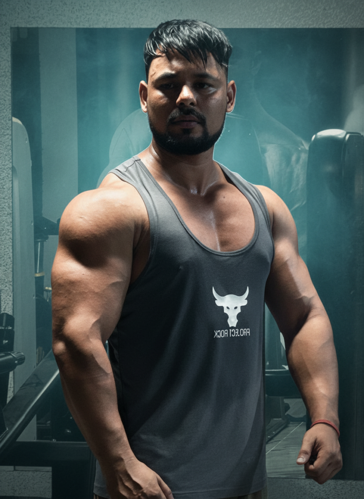 a man standing in the gym and showing his arm